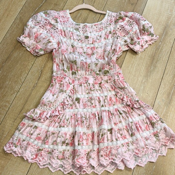LoveShackFancy Augustine Pink Floral Cotton Eyelet Mini Dress - "Loves Me" Print - Picture 2 of 9